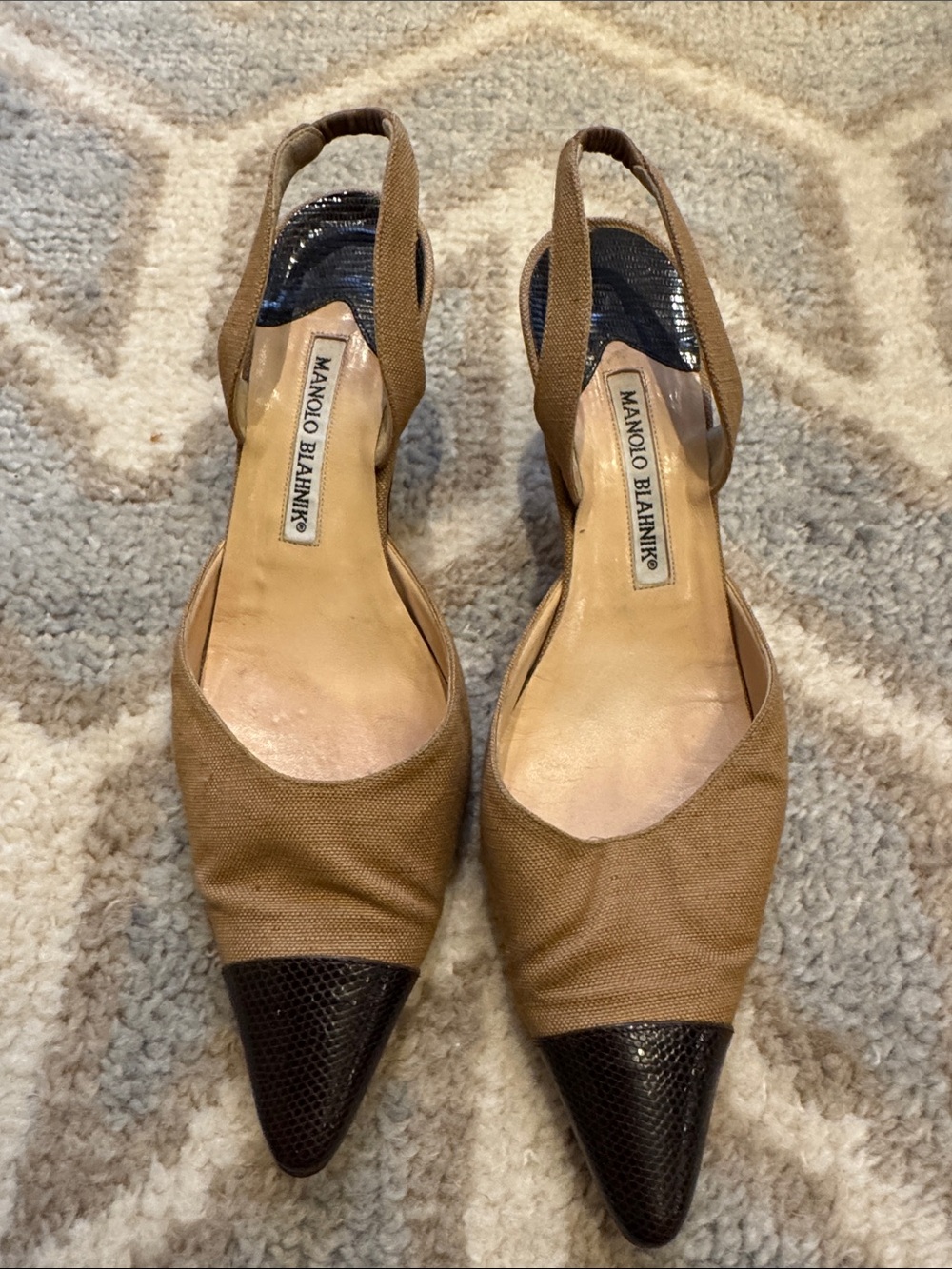 Manolo Blahnik Tan and Black Pointed Toe Slingback Flats
